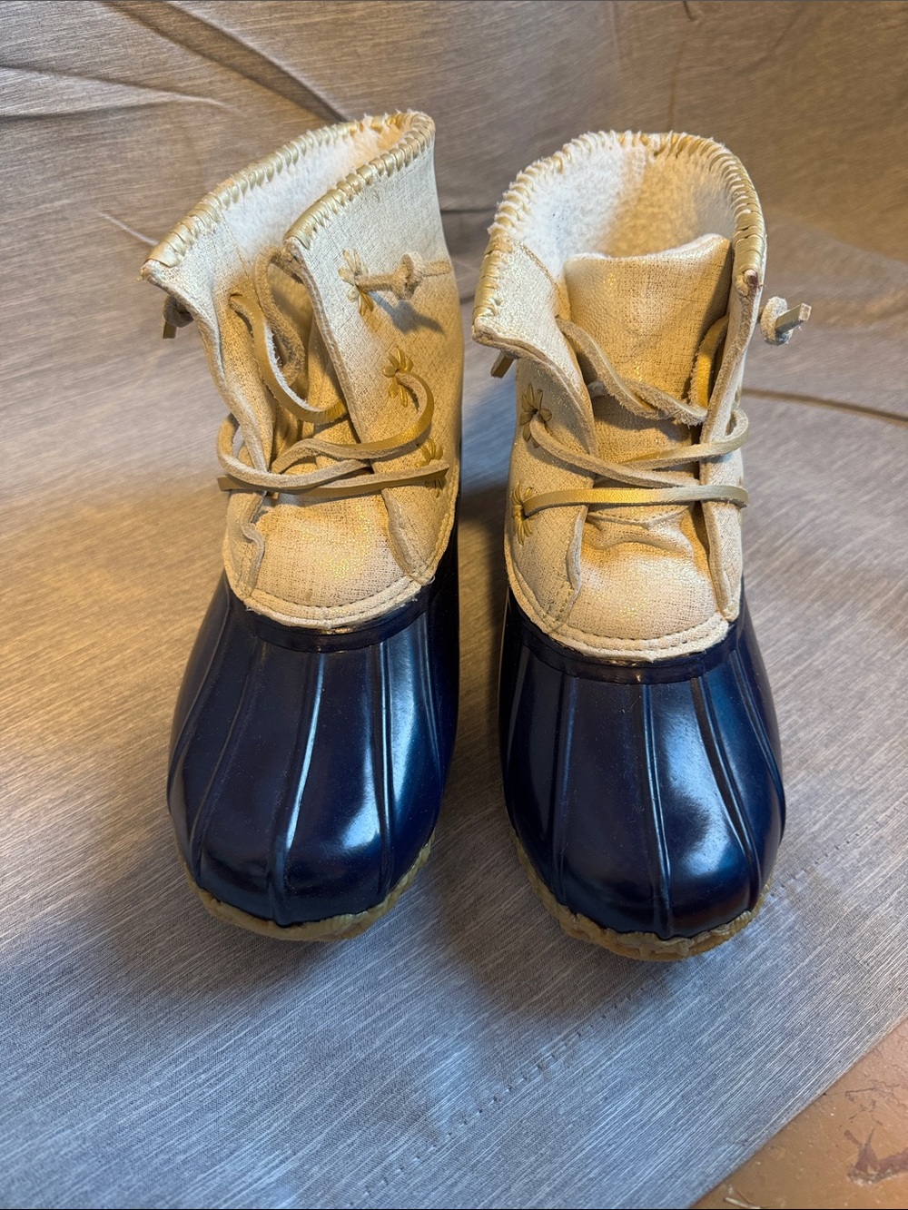 Jack Rogers Navy and Tan Lace-Up Winter Duck Boots